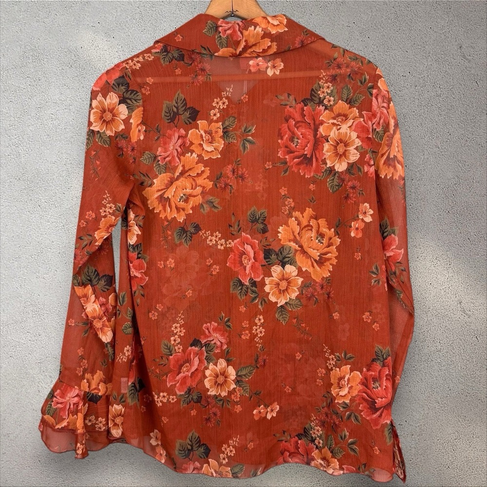 Show Me Your MuMu Carmela Top Blouse Floral Orange Relaxed Chiffon Ruffle Sz S - Picture 8 of 9